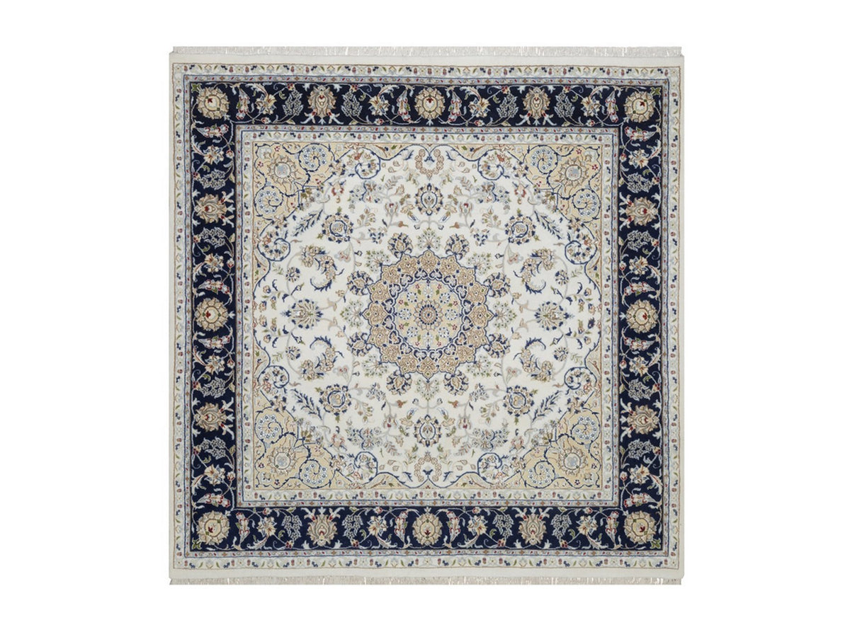 Nain Fine Oriental hand-knotted wool/silk rug in Ivory & Midnight Blue, 6'6" x 6'6" — SKU O092554