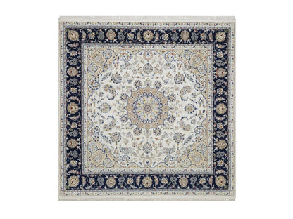 Nain Fine Oriental hand-knotted wool/silk rug in Ivory & Midnight Blue, 6'6" x 6'6" — SKU O092554
