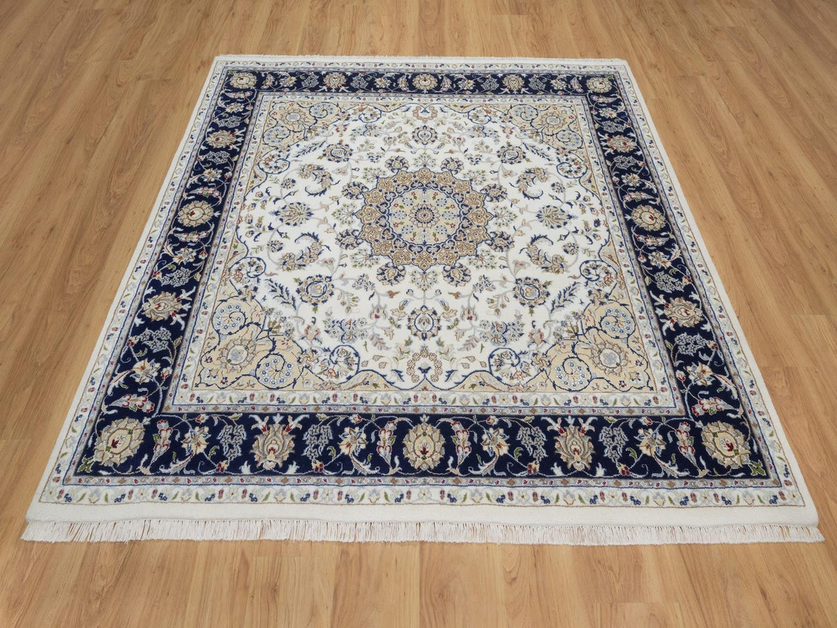Nain Fine Oriental hand-knotted wool/silk rug in Ivory & Midnight Blue, 6'6" x 6'6" — SKU O092554 (view 2)