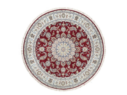 Red 7'0" x 7'0" Fine Oriental Hand knotted Wool/Silk Rug - Sku: O092556