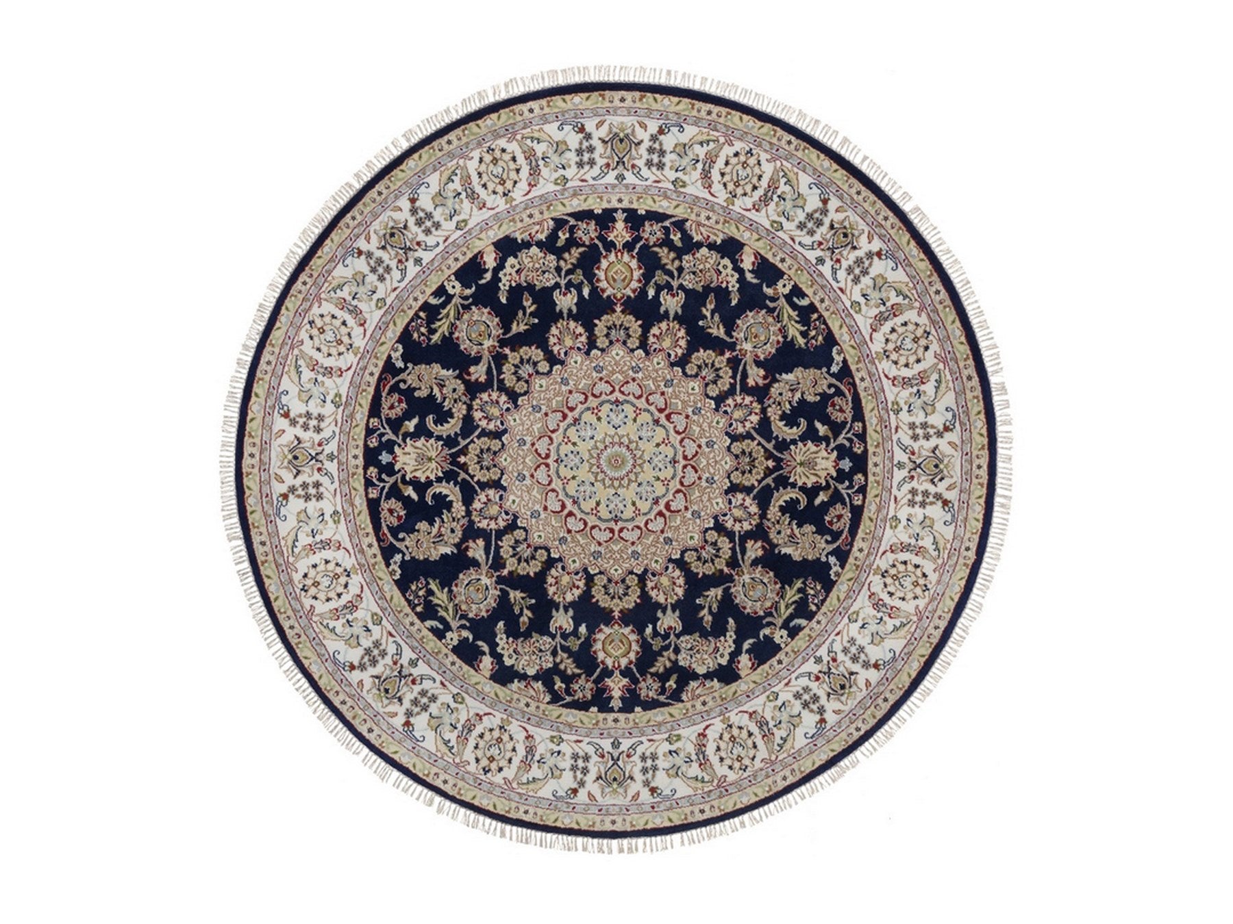 Blue 6'6" x 6'7" Fine Oriental Hand knotted Wool/Silk Rug - Sku: O092557