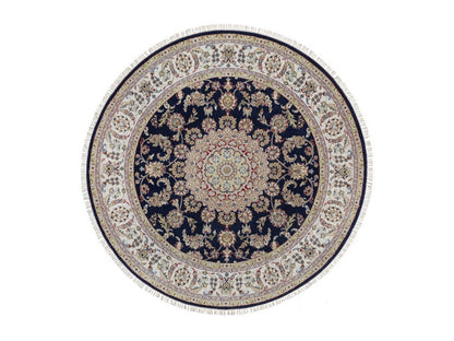 Blue 6'6" x 6'7" Fine Oriental Hand knotted Wool/Silk Rug - Sku: O092557