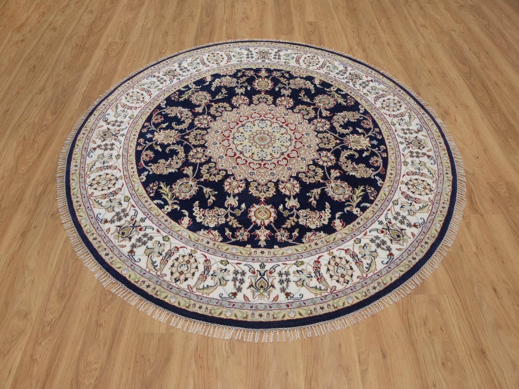 Blue 6'6" x 6'7" Fine Oriental Hand knotted Wool/Silk Rug - Sku: O092557