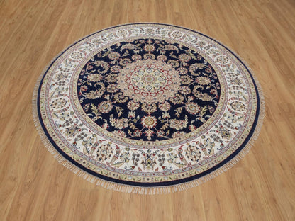 Blue 6'6" x 6'7" Fine Oriental Hand knotted Wool/Silk Rug - Sku: O092557