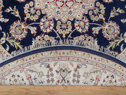 Blue 6'6" x 6'7" Fine Oriental Hand knotted Wool/Silk Rug - Sku: O092557