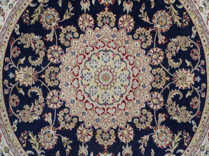 Blue 6'6" x 6'7" Fine Oriental Hand knotted Wool/Silk Rug - Sku: O092557