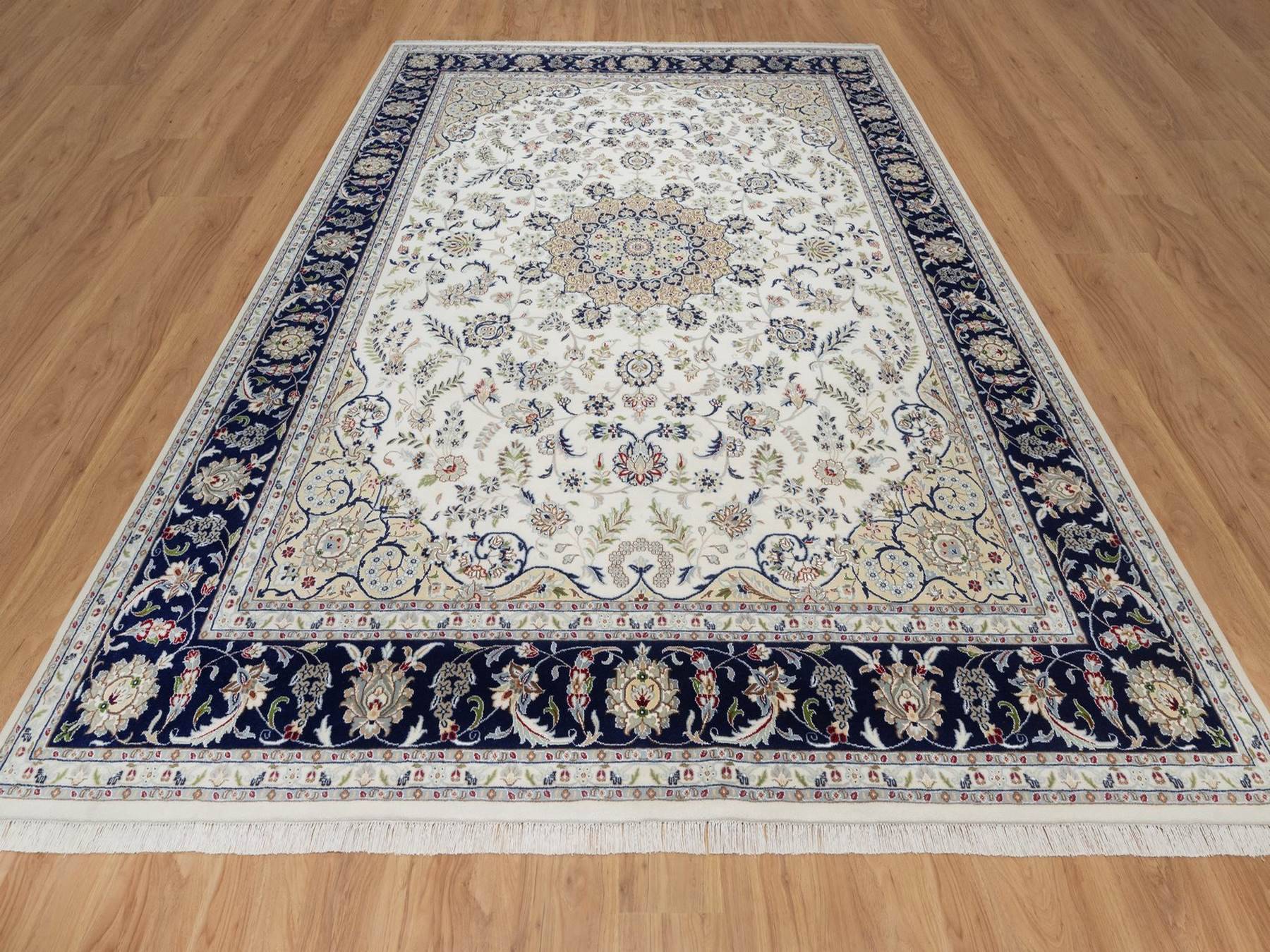 Nain Fine Oriental hand-knotted wool/silk rug in Ivory & Midnight Blue, 9'1" x 12'4" — SKU O092564 (view 2)