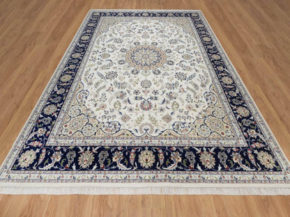 Nain Fine Oriental hand-knotted wool/silk rug in Ivory & Midnight Blue, 9'1" x 12'4" — SKU O092564 (view 2)