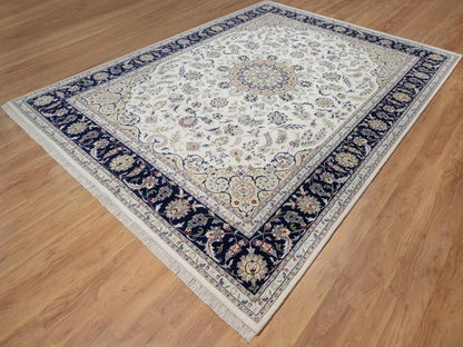 Nain Fine Oriental hand-knotted wool/silk rug in Ivory & Midnight Blue, 9'1" x 12'4" — SKU O092564 (view 3)