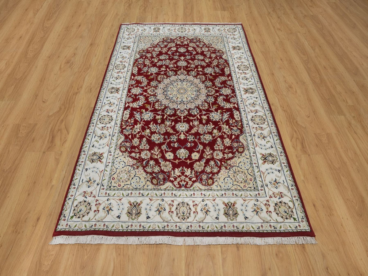 Nain Fine Oriental hand-knotted wool/silk rug in Red & Ivory, 4'10" x 7'10" — SKU O092567 (view 2)