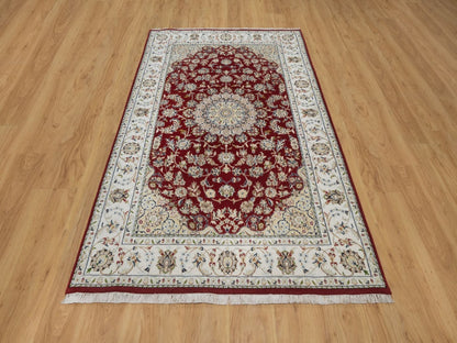 Nain Fine Oriental hand-knotted wool/silk rug in Red & Ivory, 4'10" x 7'10" — SKU O092567 (view 2)