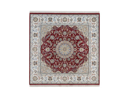 Nain Fine Oriental hand-knotted wool/silk rug in Red & Ivory, 5'10" x 6'1" — SKU O092568