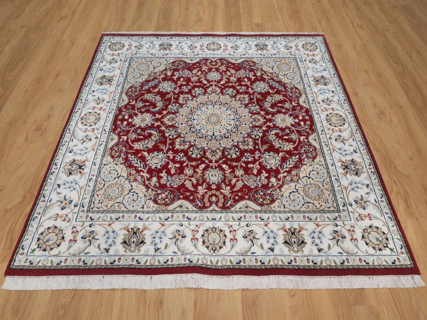 Nain Fine Oriental hand-knotted wool/silk rug in Red & Ivory, 5'10" x 6'1" — SKU O092568 (view 2)