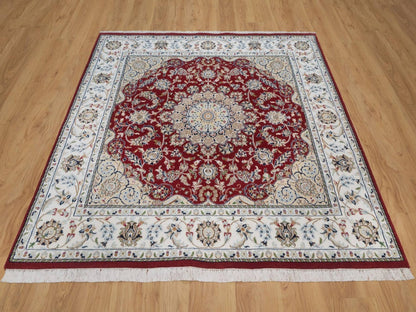 Nain Fine Oriental hand-knotted wool/silk rug in Red & Ivory, 5'10" x 6'1" — SKU O092568 (view 2)