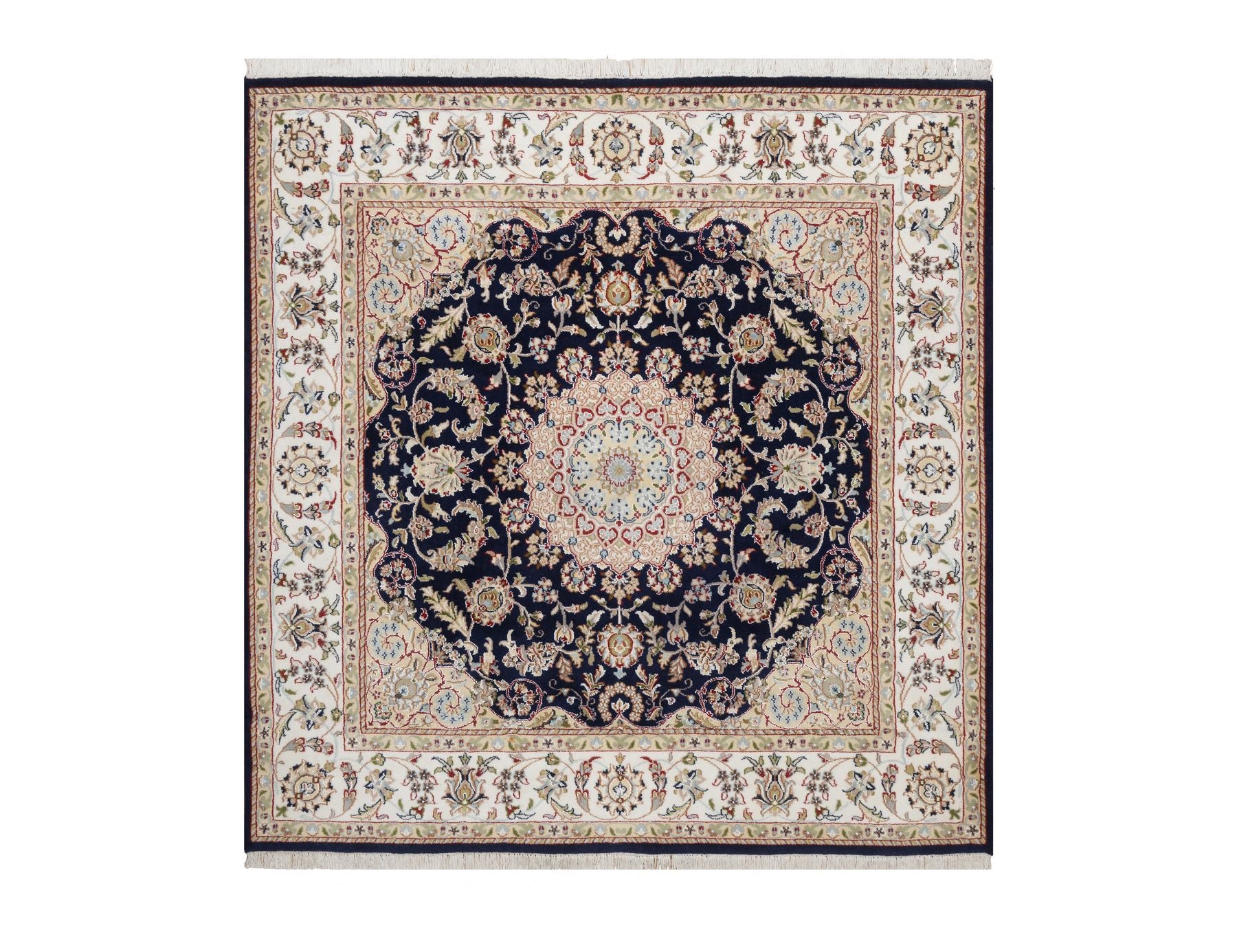 Blue 6'0" x 6'3" Fine Oriental Hand knotted Wool/Silk Rug - Sku: O092569