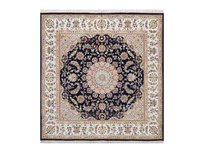 Blue 6'0" x 6'3" Fine Oriental Hand knotted Wool/Silk Rug - Sku: O092569