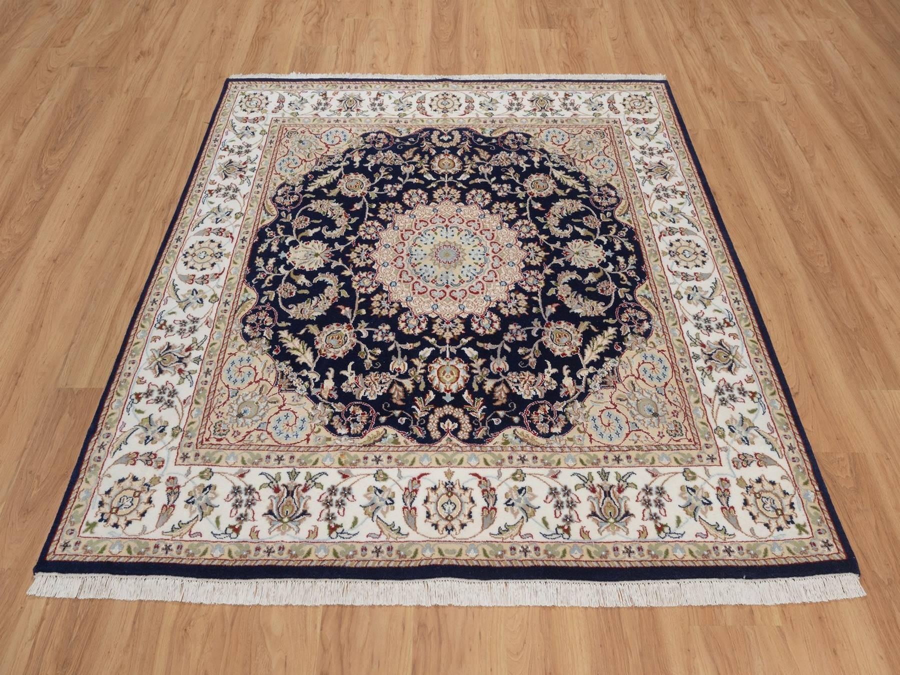 Blue 6'0" x 6'3" Fine Oriental Hand knotted Wool/Silk Rug - Sku: O092569