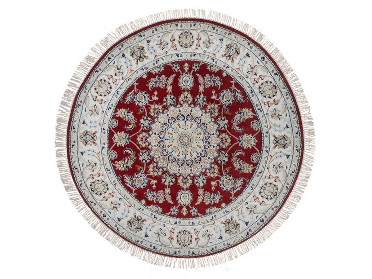 Nain Fine Oriental hand-knotted wool/silk rug in Red & Ivory, 4'11" x 4'11" — SKU O092573