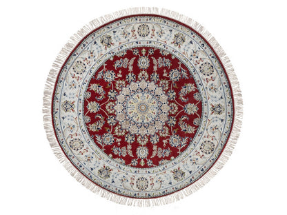 Nain Fine Oriental hand-knotted wool/silk rug in Red & Ivory, 4'11" x 4'11" — SKU O092573