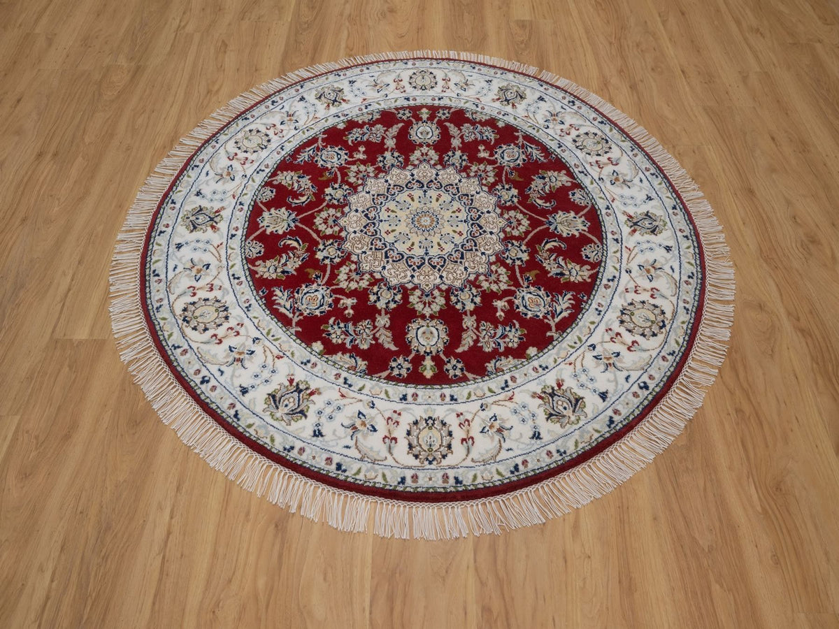Nain Fine Oriental hand-knotted wool/silk rug in Red & Ivory, 4'11" x 4'11" — SKU O092573 (view 2)