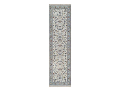Nain Fine Oriental hand-knotted wool/silk runner in Ivory & Light Blue, 2'9" x 10' — SKU O092574