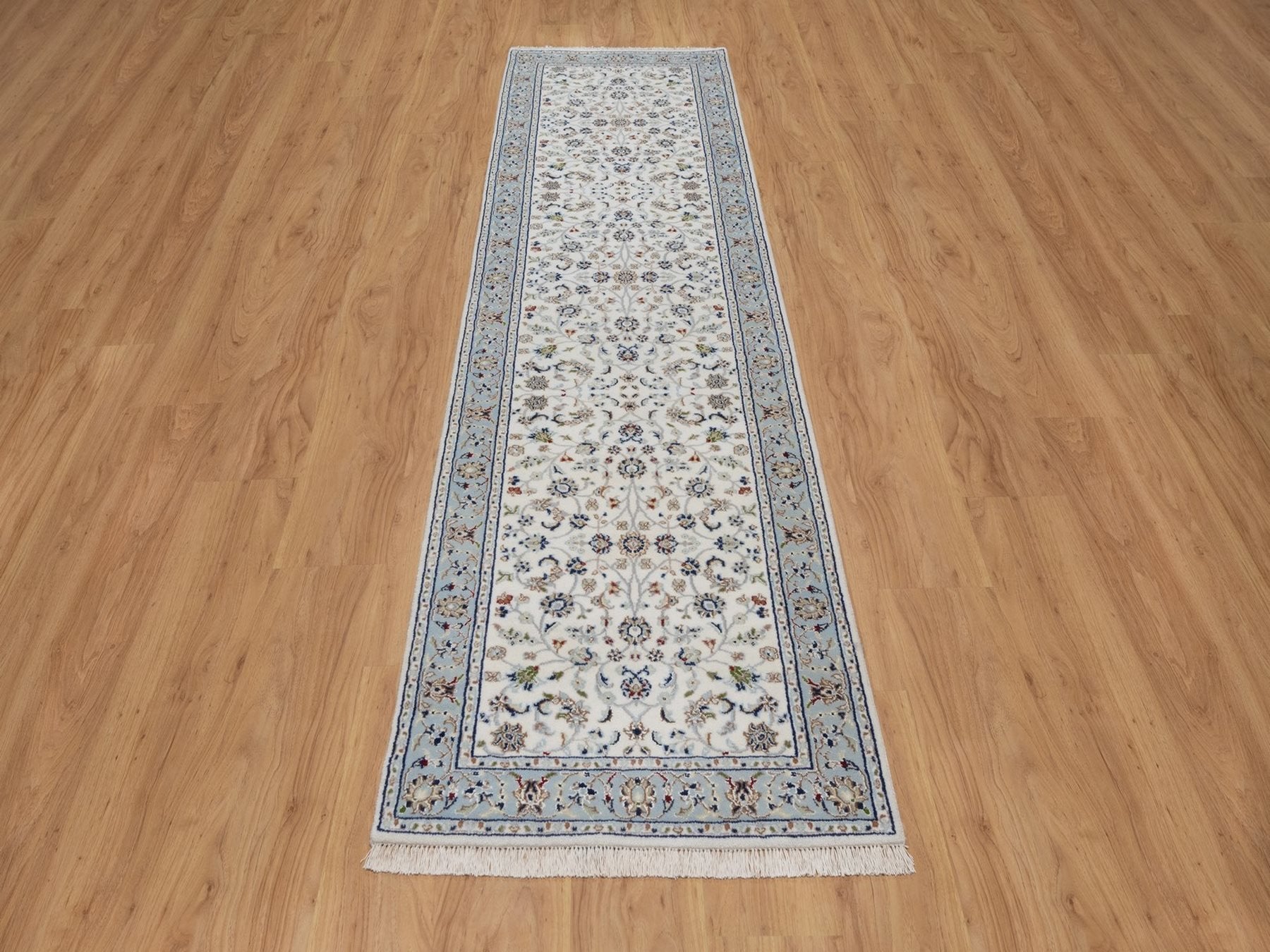 Nain Fine Oriental hand-knotted wool/silk runner in Ivory & Light Blue, 2'9" x 10' — SKU O092574 (view 2)