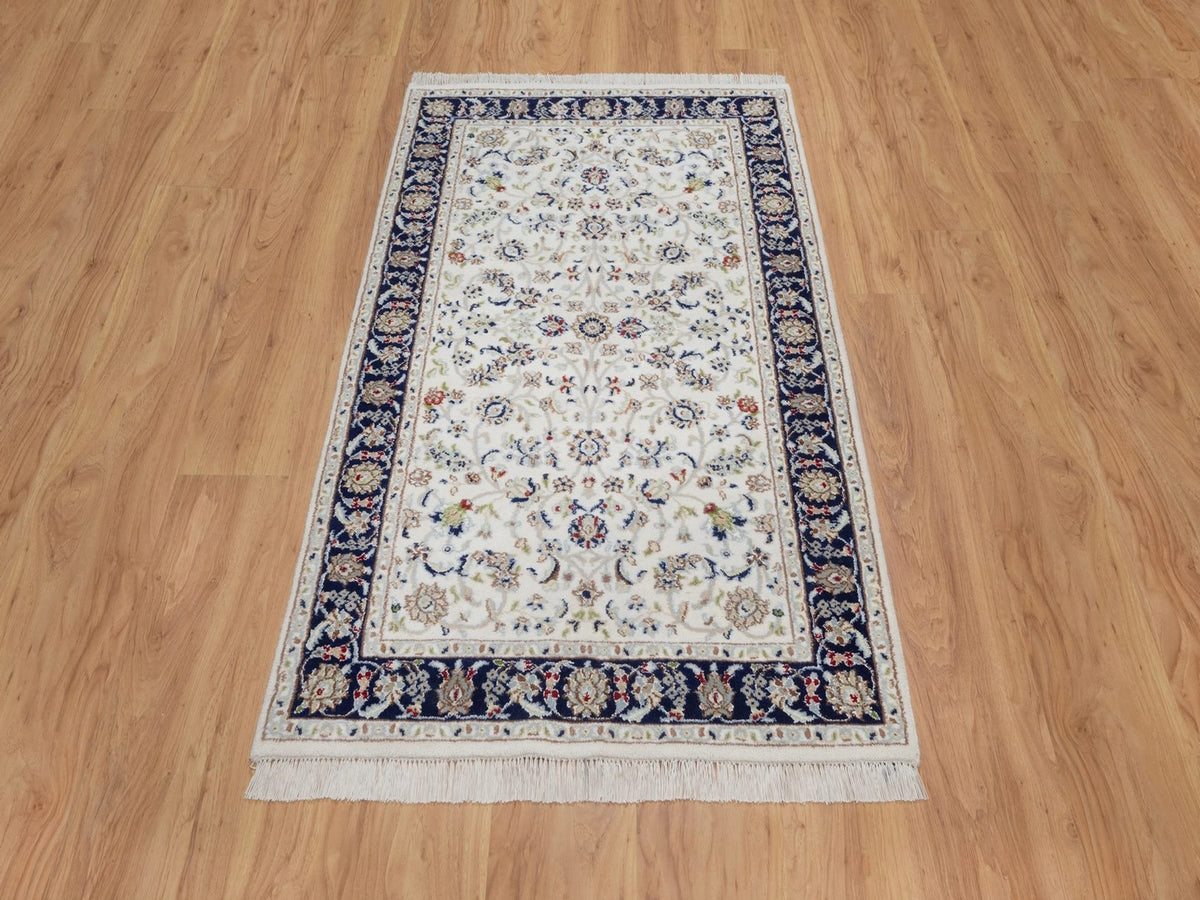 Nain Fine Oriental hand-knotted wool/silk rug in Ivory & Midnight Blue, 3'2" x 5'4" — SKU O092576 (view 2)