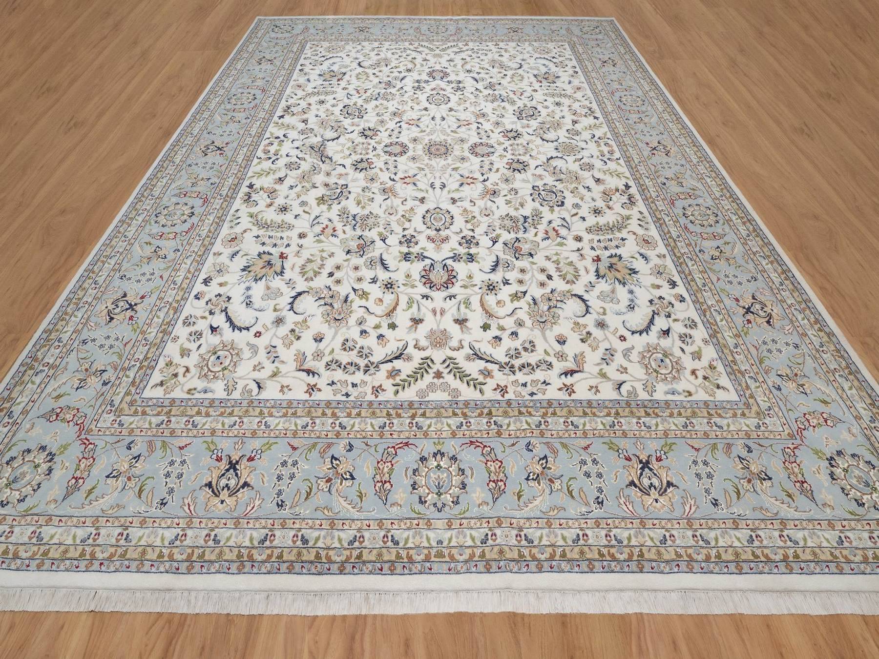 Nain Fine Oriental hand-knotted wool/silk rug in Ivory & Light Blue, 11'11" x 15'3" — SKU O092582 (view 2)