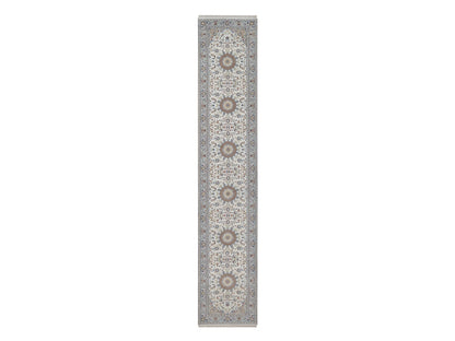 Nain Fine Oriental hand-knotted wool/silk runner in Ivory & Light Blue, 2'9" x 14'6" — SKU O092588