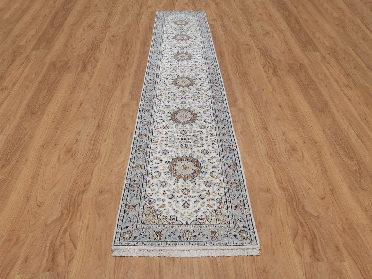 Nain Fine Oriental hand-knotted wool/silk runner in Ivory & Light Blue, 2'9" x 14'6" — SKU O092588 (view 2)