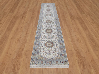Nain Fine Oriental hand-knotted wool/silk runner in Ivory & Light Blue, 2'9" x 14'6" — SKU O092588 (view 2)