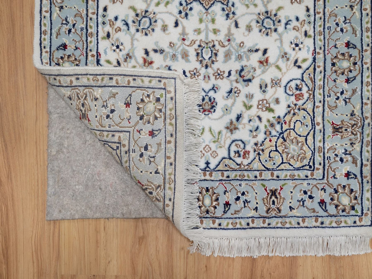 Nain Fine Oriental hand-knotted wool/silk runner in Ivory & Light Blue, 2'9" x 14'6" — SKU O092588 (view 3)