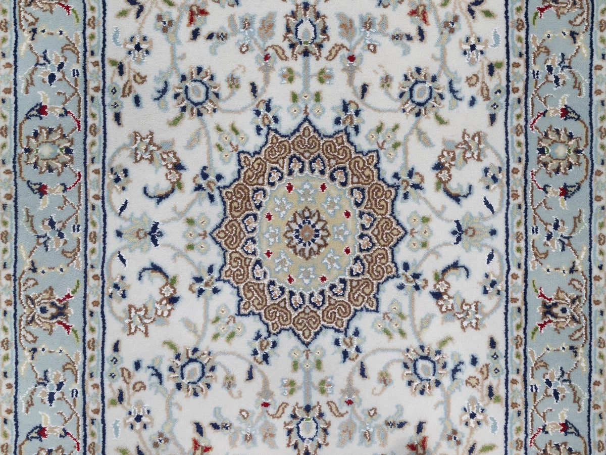 Nain Fine Oriental hand-knotted wool/silk runner in Ivory & Light Blue, 2'9" x 14'6" — SKU O092588 (view 5)