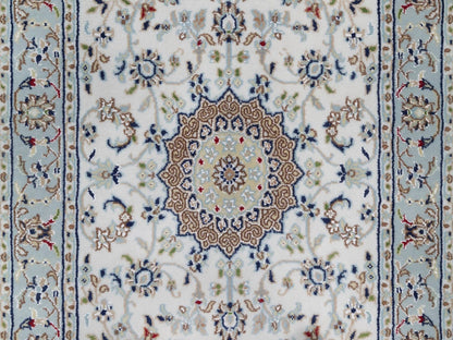 Nain Fine Oriental hand-knotted wool/silk runner in Ivory & Light Blue, 2'9" x 14'6" — SKU O092588 (view 5)