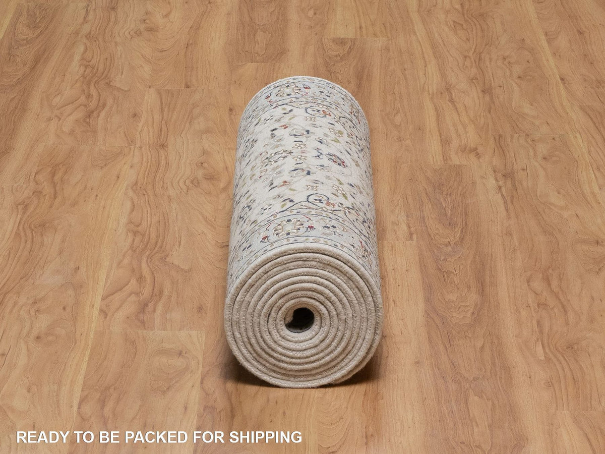 Nain Fine Oriental hand-knotted wool/silk runner in Ivory & Light Blue, 2'9" x 14'6" — SKU O092588 (view 6)