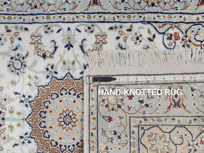 Nain Fine Oriental hand-knotted wool/silk runner in Ivory & Light Blue, 2'9" x 14'6" — SKU O092588 (view 8)