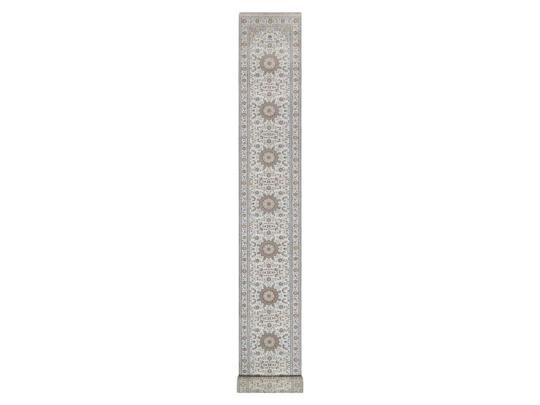 Nain Fine Oriental hand-knotted wool/silk runner in Ivory, 2'9" x 22'5" — SKU O092589