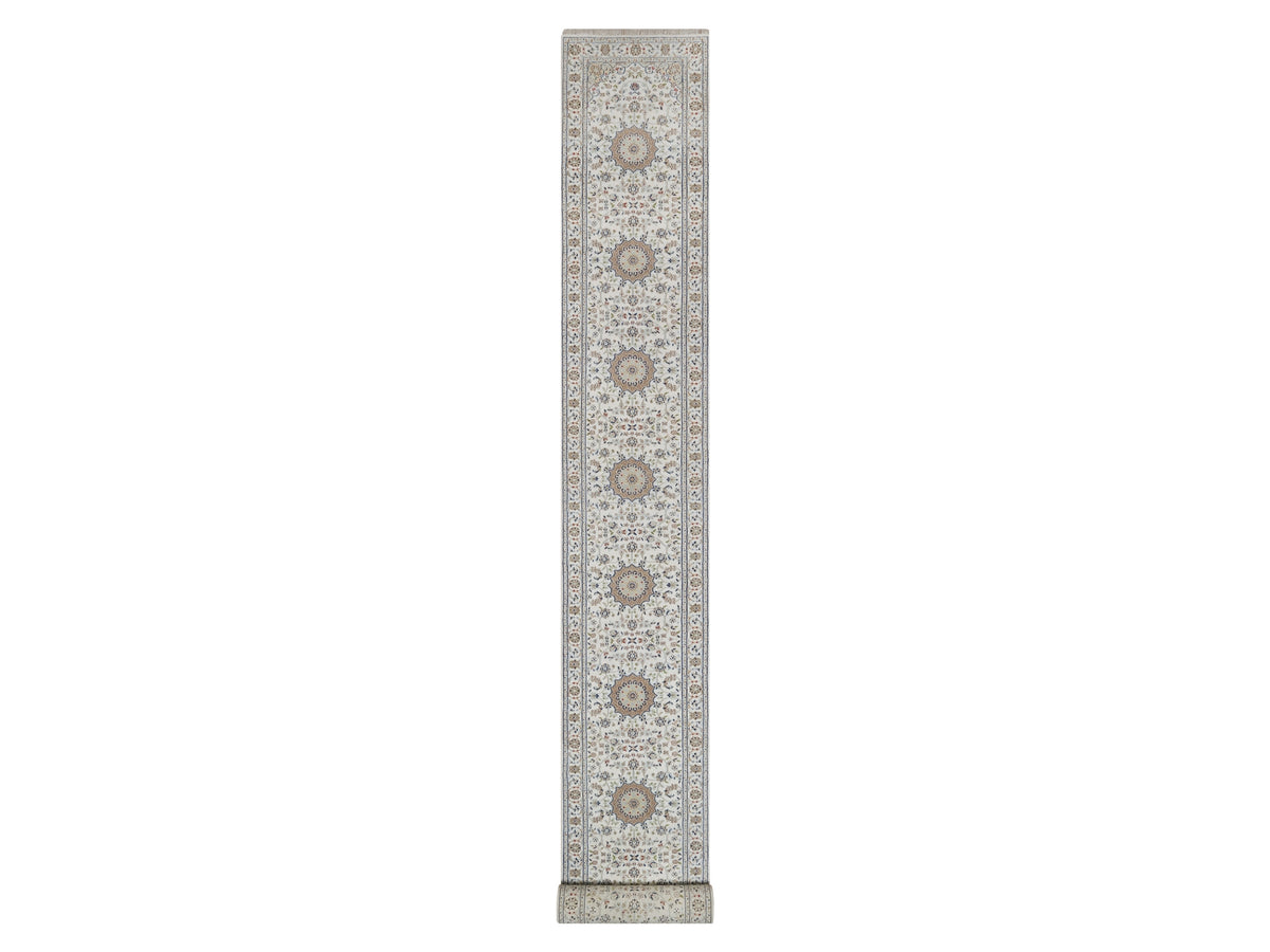 Nain Fine Oriental hand-knotted wool/silk runner in Ivory, 2'9" x 22'5" — SKU O092589