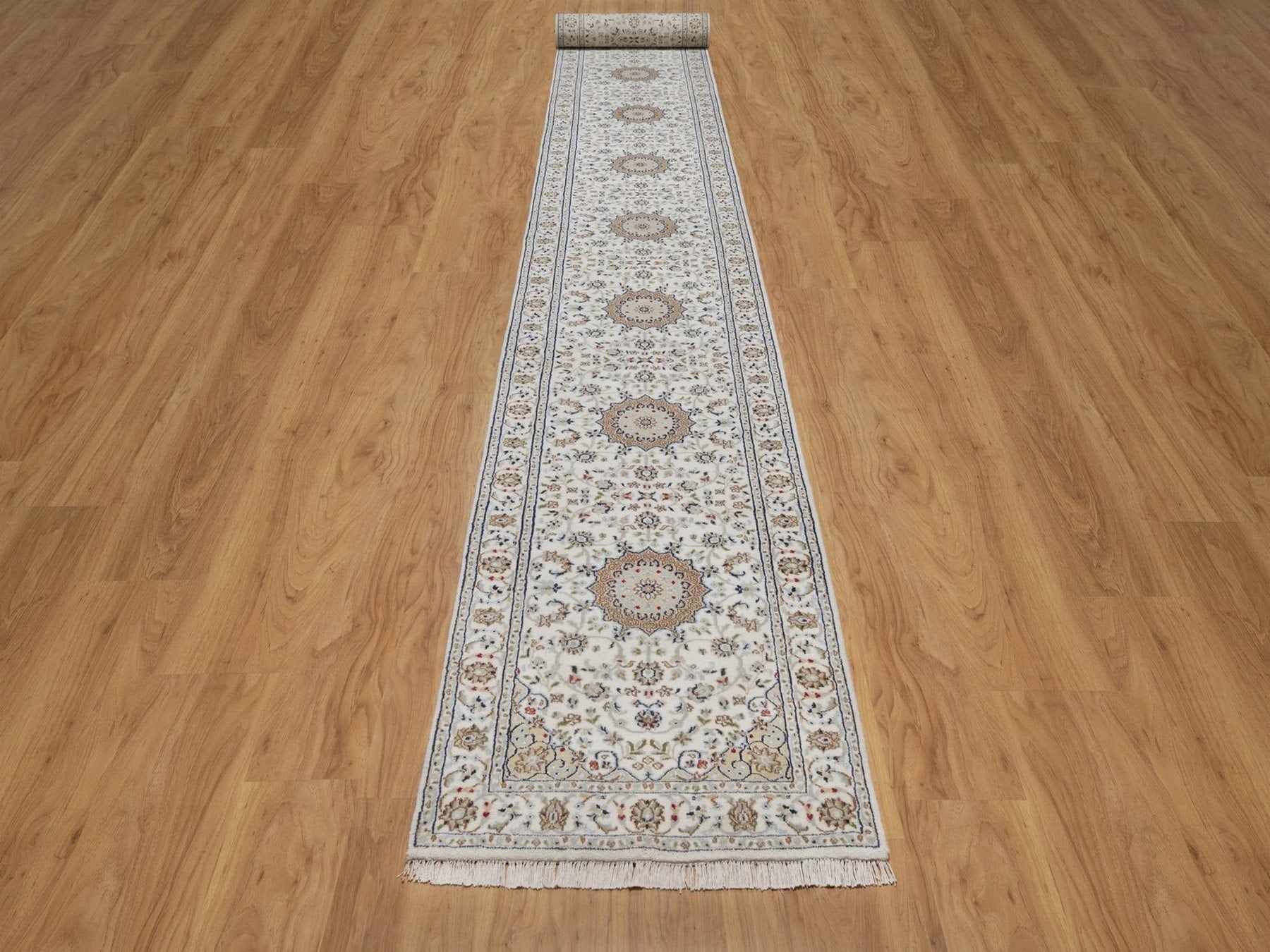Nain Fine Oriental hand-knotted wool/silk runner in Ivory, 2'9" x 22'5" — SKU O092589 (view 2)