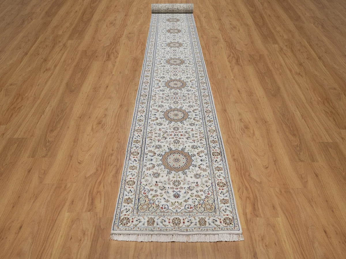 Nain Fine Oriental hand-knotted wool/silk runner in Ivory, 2'9" x 22'5" — SKU O092589 (view 2)