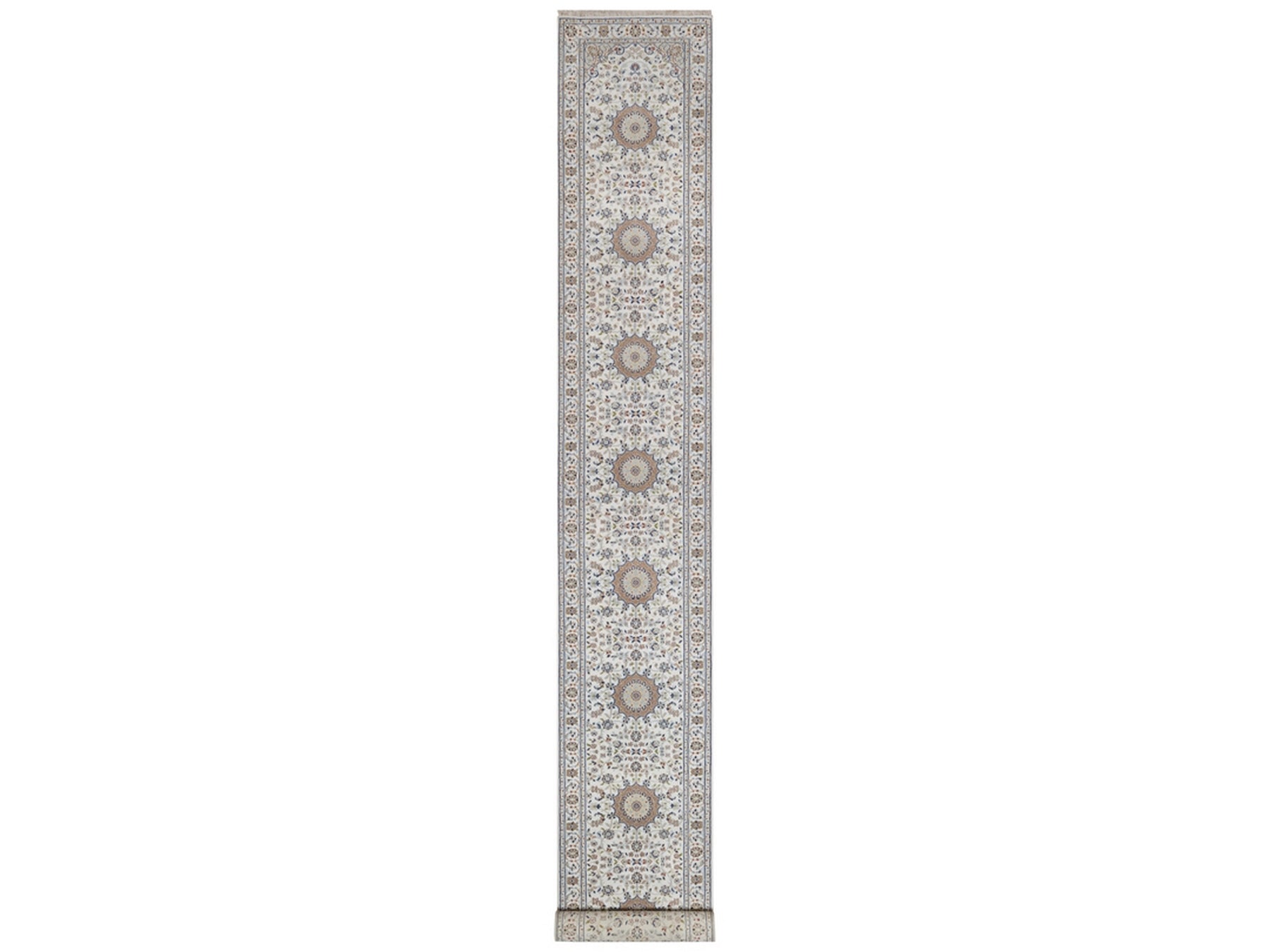 Nain Fine Oriental hand-knotted wool/silk runner in Ivory, 2'9" x 20'2" — SKU O092590