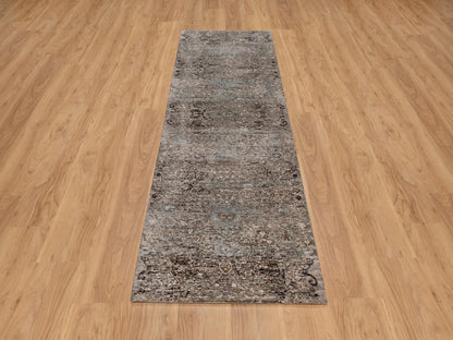 Brown 2'6" x 8'4" Transitional Hand knotted Wool/Silk Rug - Sku: O092593