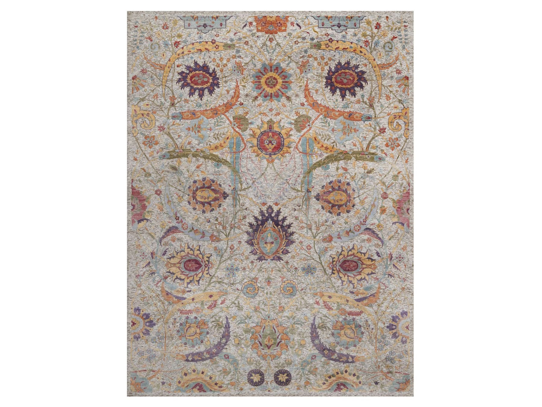 Transitional hand-knotted wool/silk rug in Ivory, 8'11" x 12' — SKU O092603