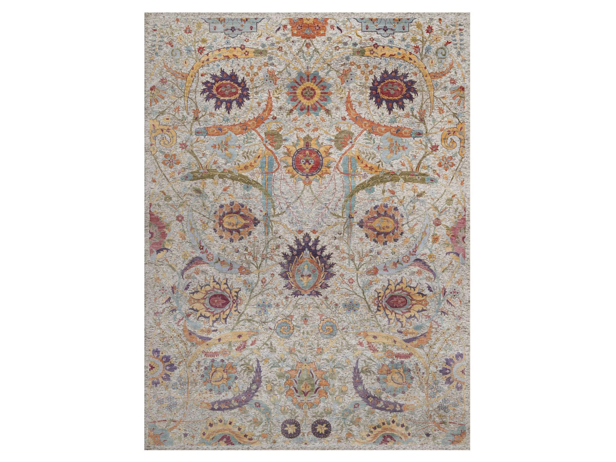 Transitional hand-knotted wool/silk rug in Ivory, 8'11" x 12' — SKU O092603