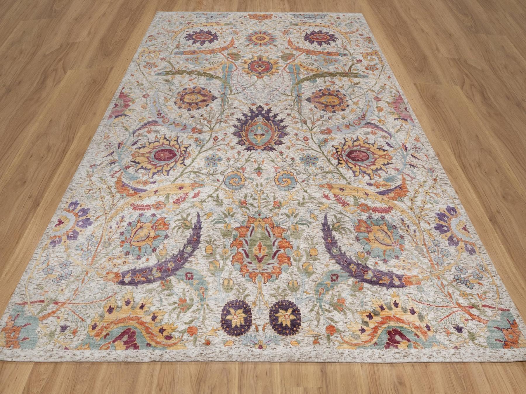 Transitional hand-knotted wool/silk rug in Ivory, 8'11" x 12' — SKU O092603 (view 2)