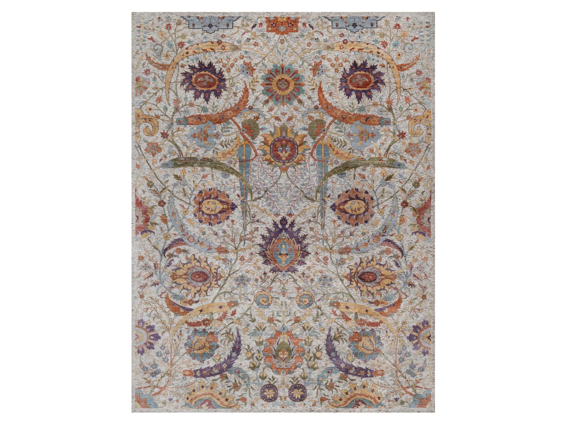 Transitional hand-knotted wool/silk rug in Ivory, 9' x 11'11" — SKU O092604