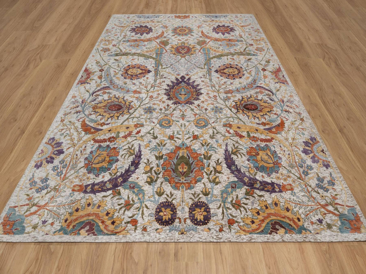Transitional hand-knotted wool/silk rug in Ivory, 9' x 11'11" — SKU O092604 (view 2)
