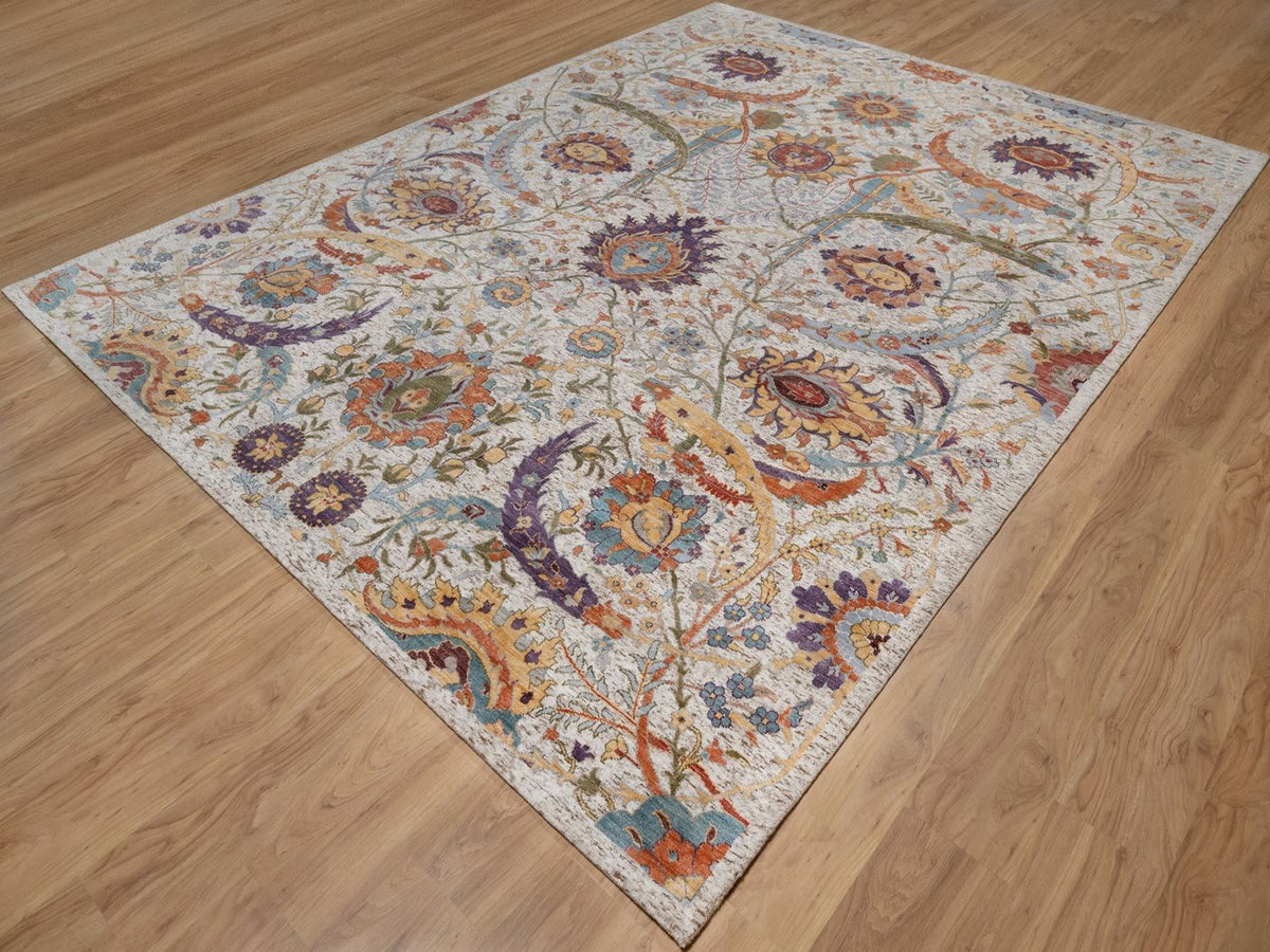 Transitional hand-knotted wool/silk rug in Ivory, 9' x 11'11" — SKU O092604 (view 3)