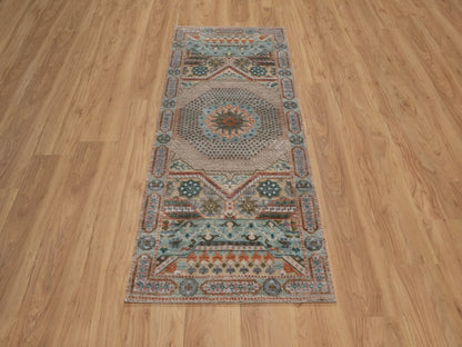 Brown 2'6" x 6'0" Mamluk Hand knotted Wool/Silk Rug - Sku: O092608