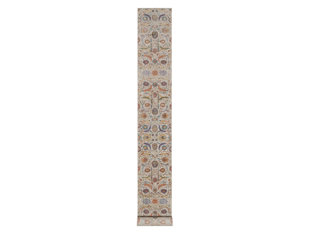 Transitional hand-knotted wool/silk runner in Ivory, 2'7" x 24'1" — SKU O092614